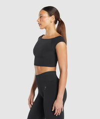 Luxe Seamless Boat Neck Crop Top Coal Marl