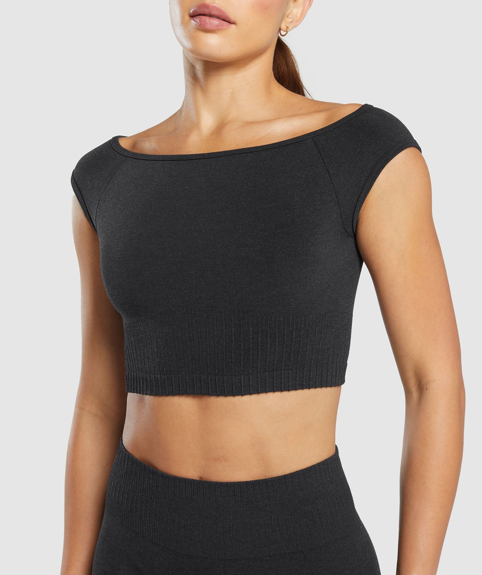 Luxe Seamless Boat Neck Crop Top Coal Marl