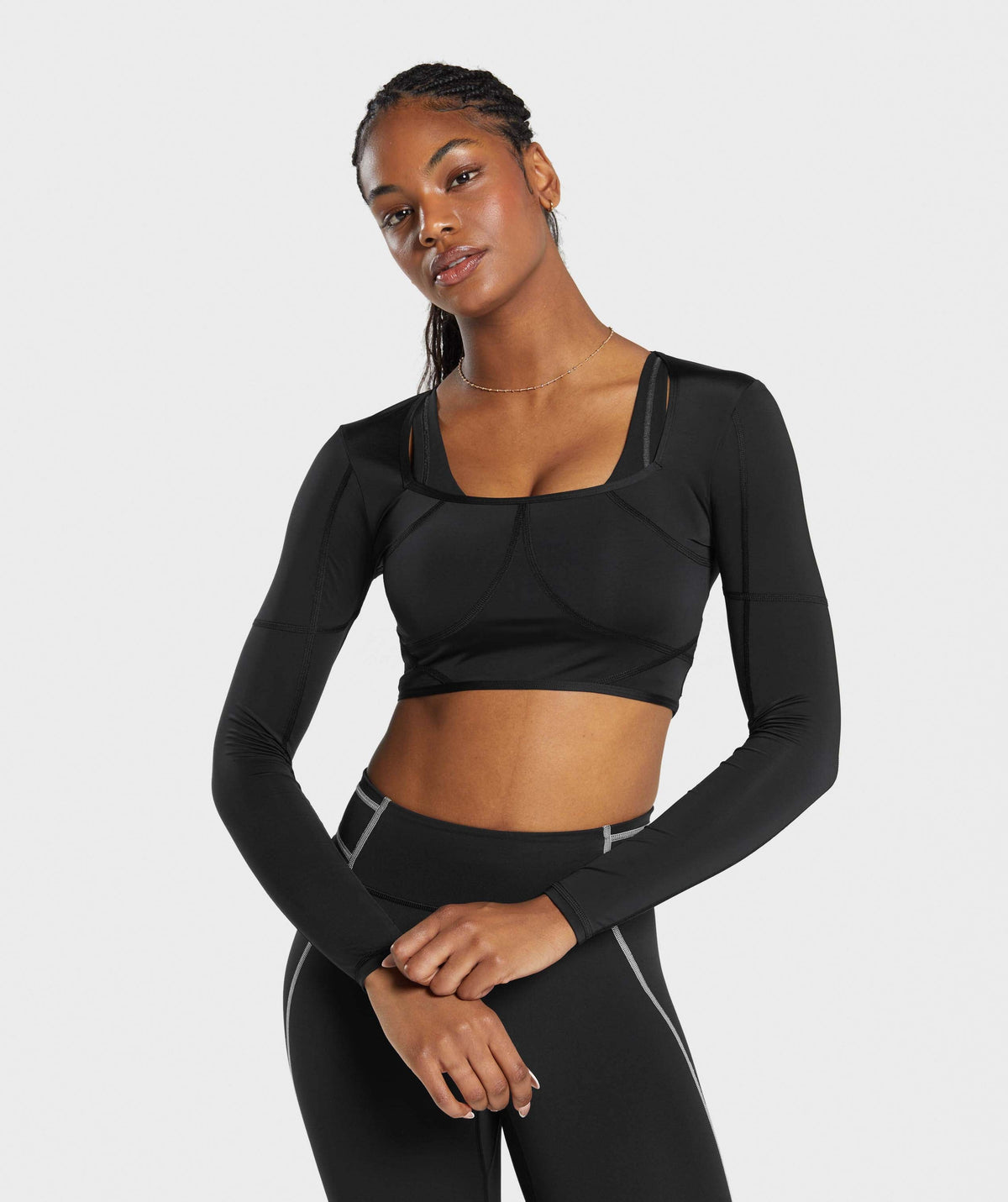 Stitch Feature Long Sleeve Crop Top Black/Stock Black Marl
