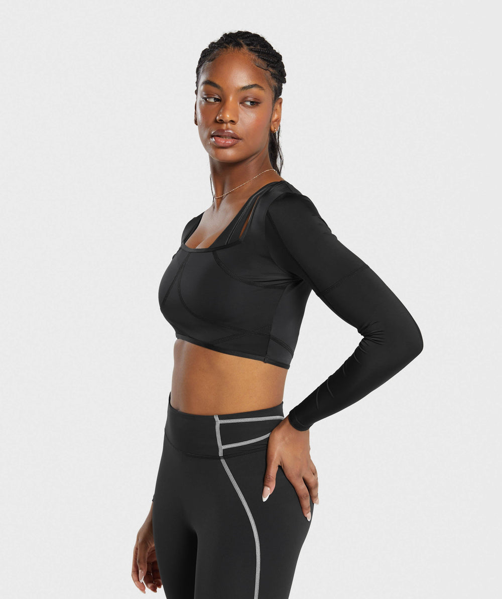 Stitch Feature Long Sleeve Crop Top Black/Stock Black Marl