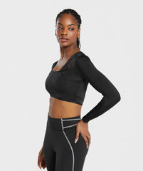 Stitch Feature Long Sleeve Crop Top Black/Stock Black Marl