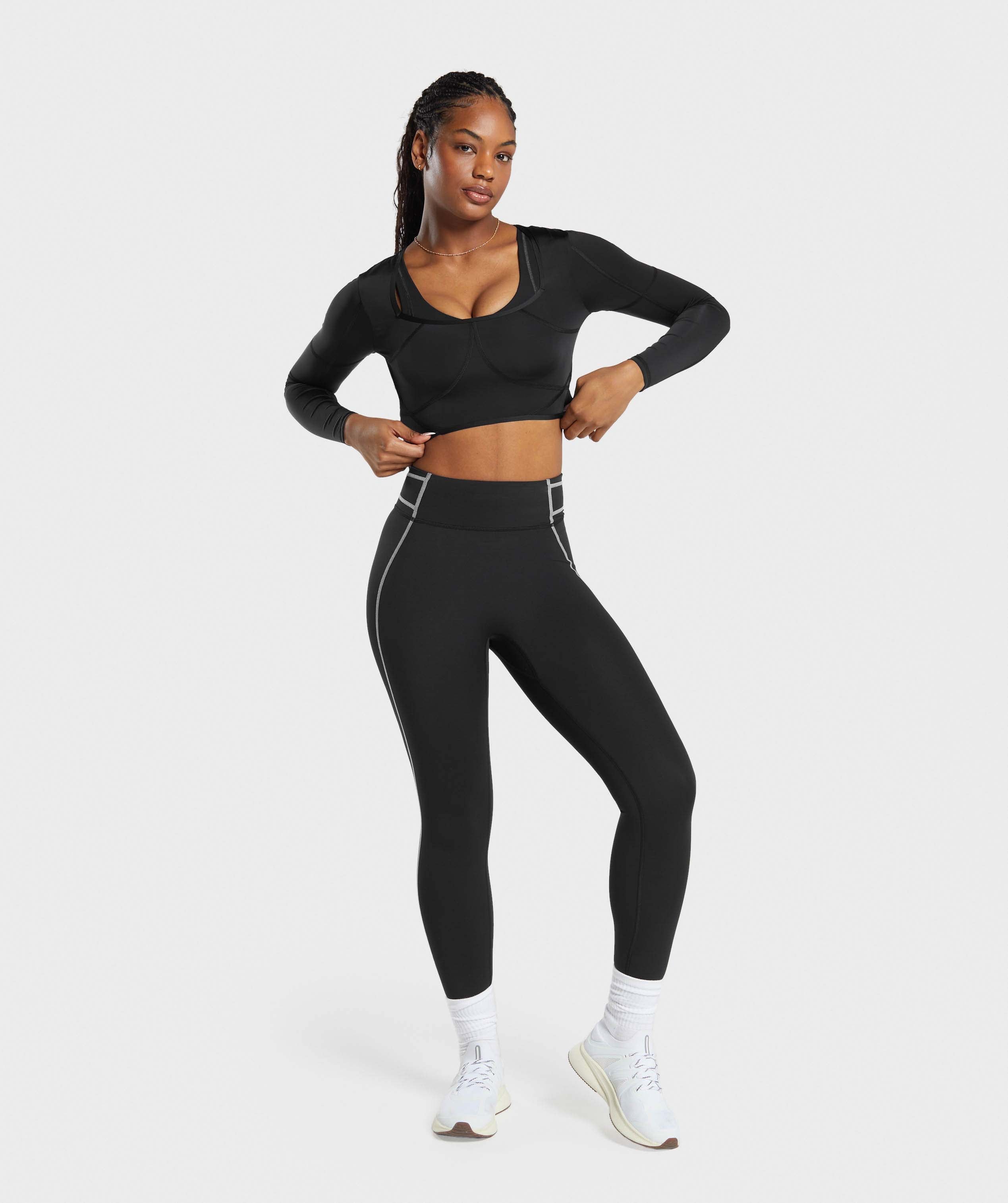Stitch Feature Long Sleeve Crop Top Black/Stock Black Marl