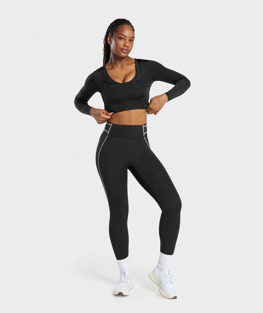 Stitch Feature Long Sleeve Crop Top Black/Stock Black Marl