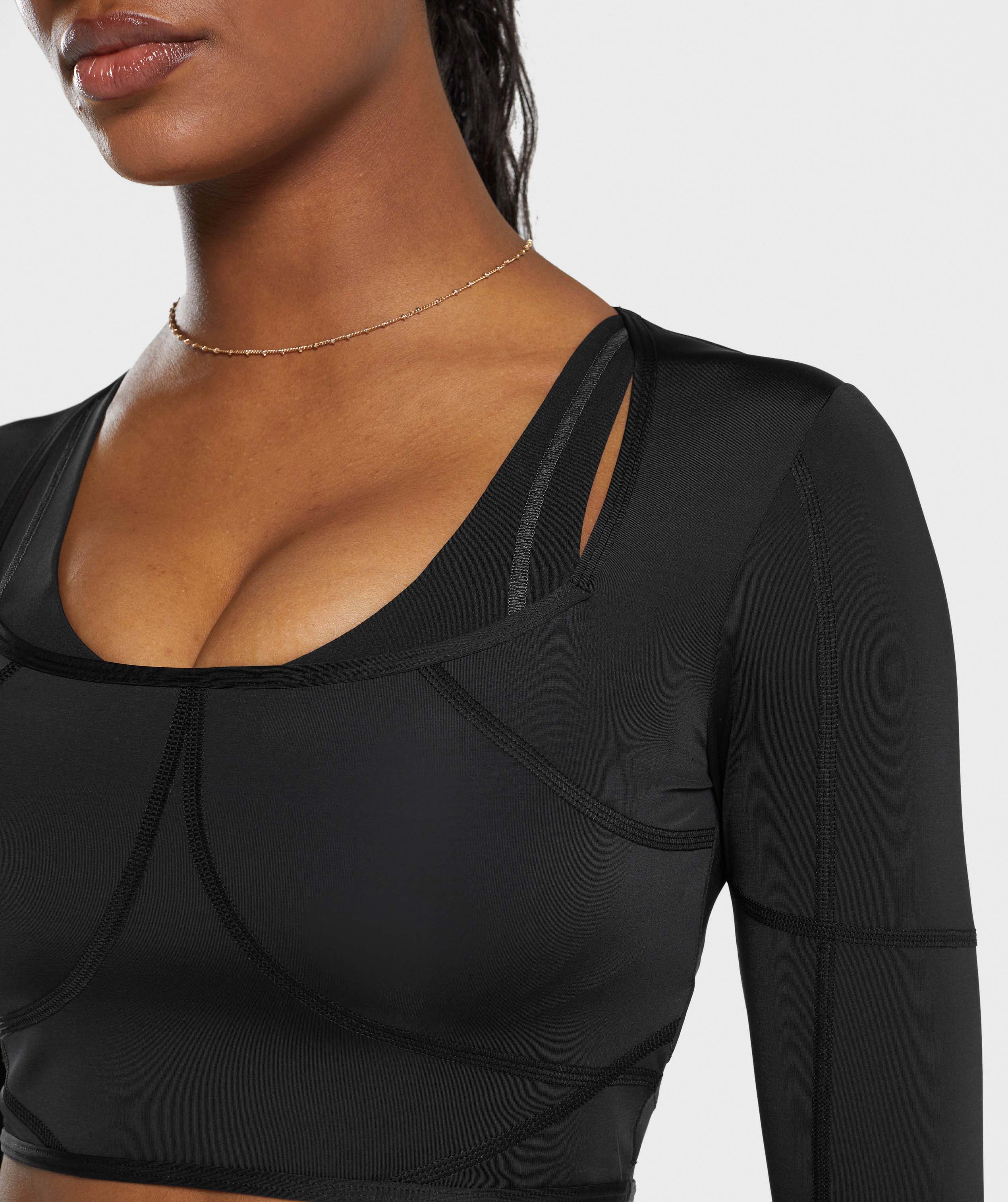 Stitch Feature Long Sleeve Crop Top Black/Stock Black Marl