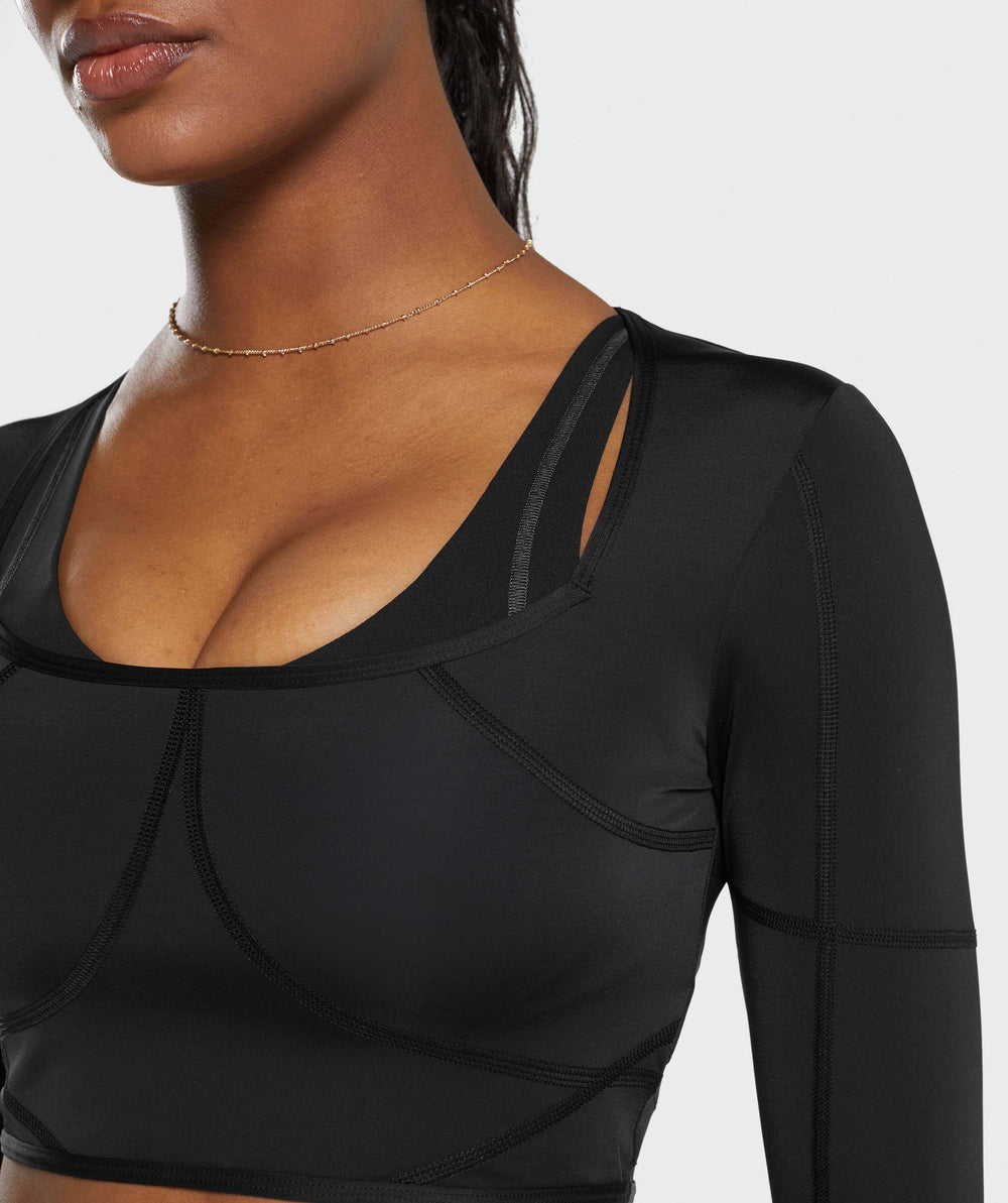 Stitch Feature Long Sleeve Crop Top Black/Stock Black Marl