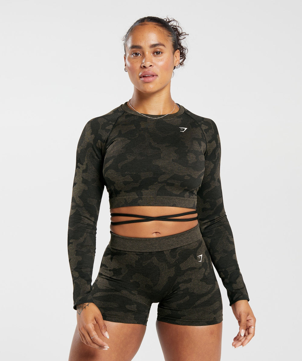 Adapt Camo Seamless Ribbed Long Sleeve Crop Top Black/Camo Brown