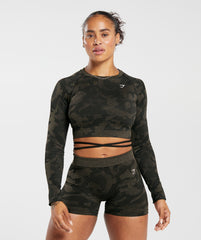 Adapt Camo Seamless Ribbed Long Sleeve Crop Top Black/Camo Brown