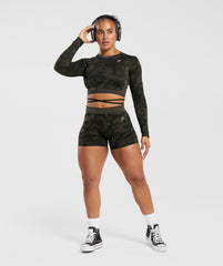 Adapt Camo Seamless Ribbed Long Sleeve Crop Top Black/Camo Brown