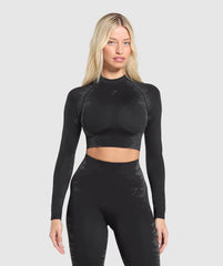 Caged Seamless Long Sleeve Crop Top Black/Graphite Grey