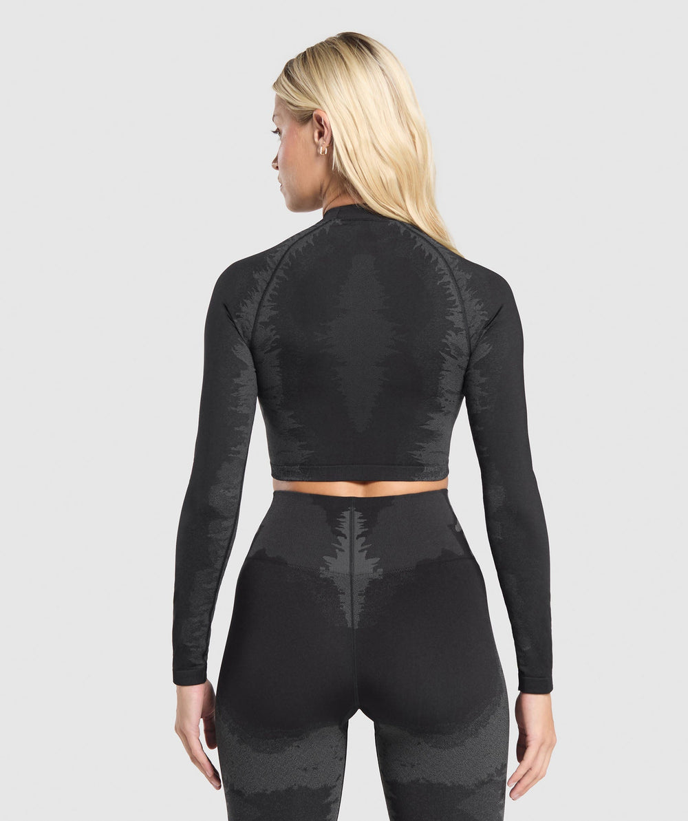 Caged Seamless Long Sleeve Crop Top Black/Graphite Grey