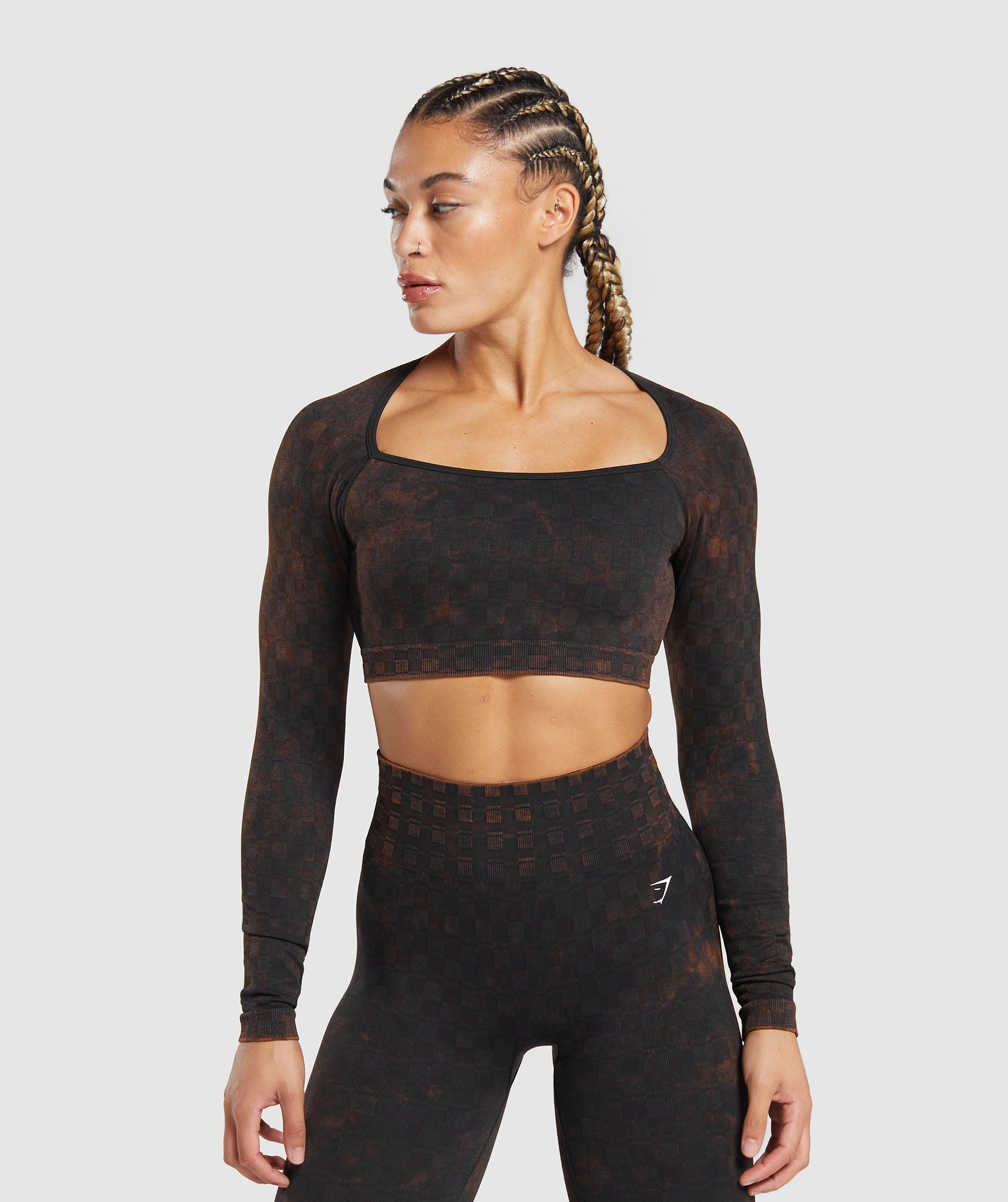 Check Seamless Washed  Long Sleeve Top Black