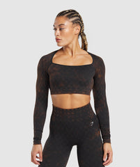 Check Seamless Washed  Long Sleeve Top Black