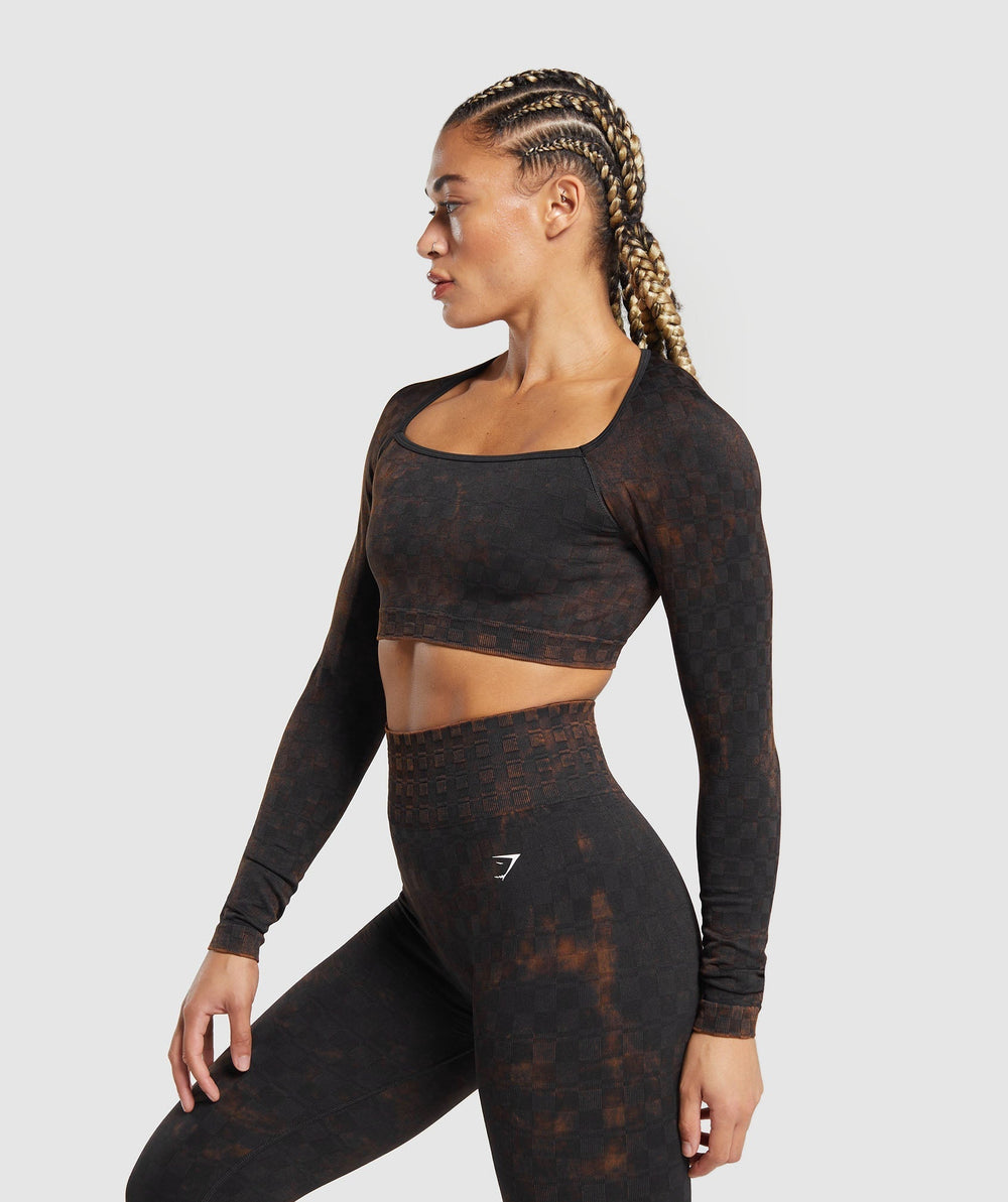 Check Seamless Washed  Long Sleeve Top Black