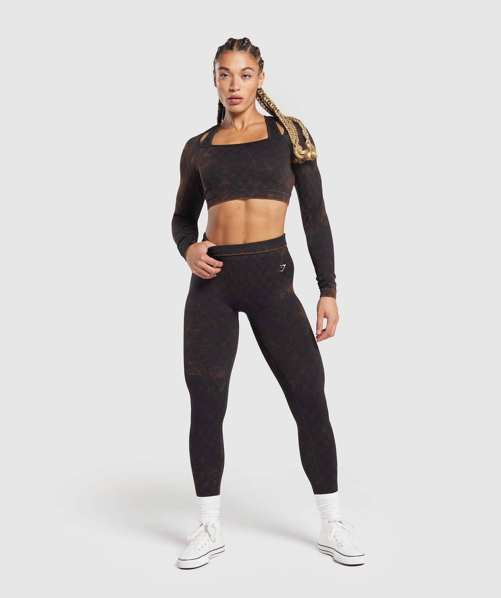 Check Seamless Washed  Long Sleeve Top Black