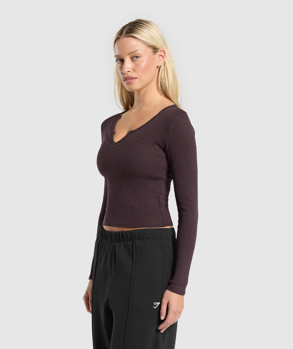 Rib Long Sleeve Top Brown Marl