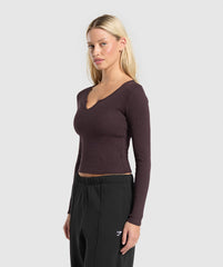 Rib Long Sleeve Top Brown Marl