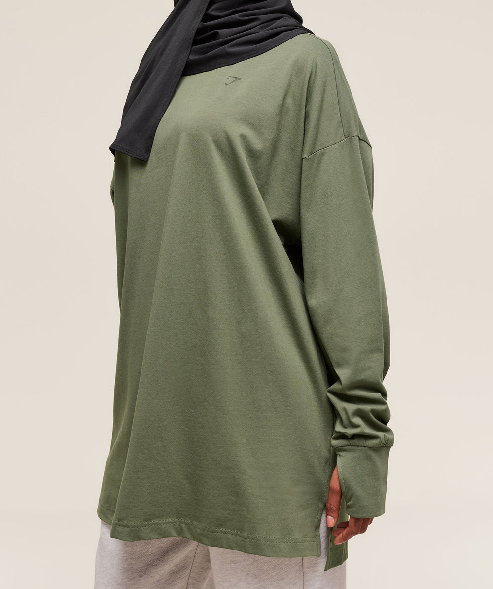 Covered Longline Cotton Long Sleeve Top Core Olive