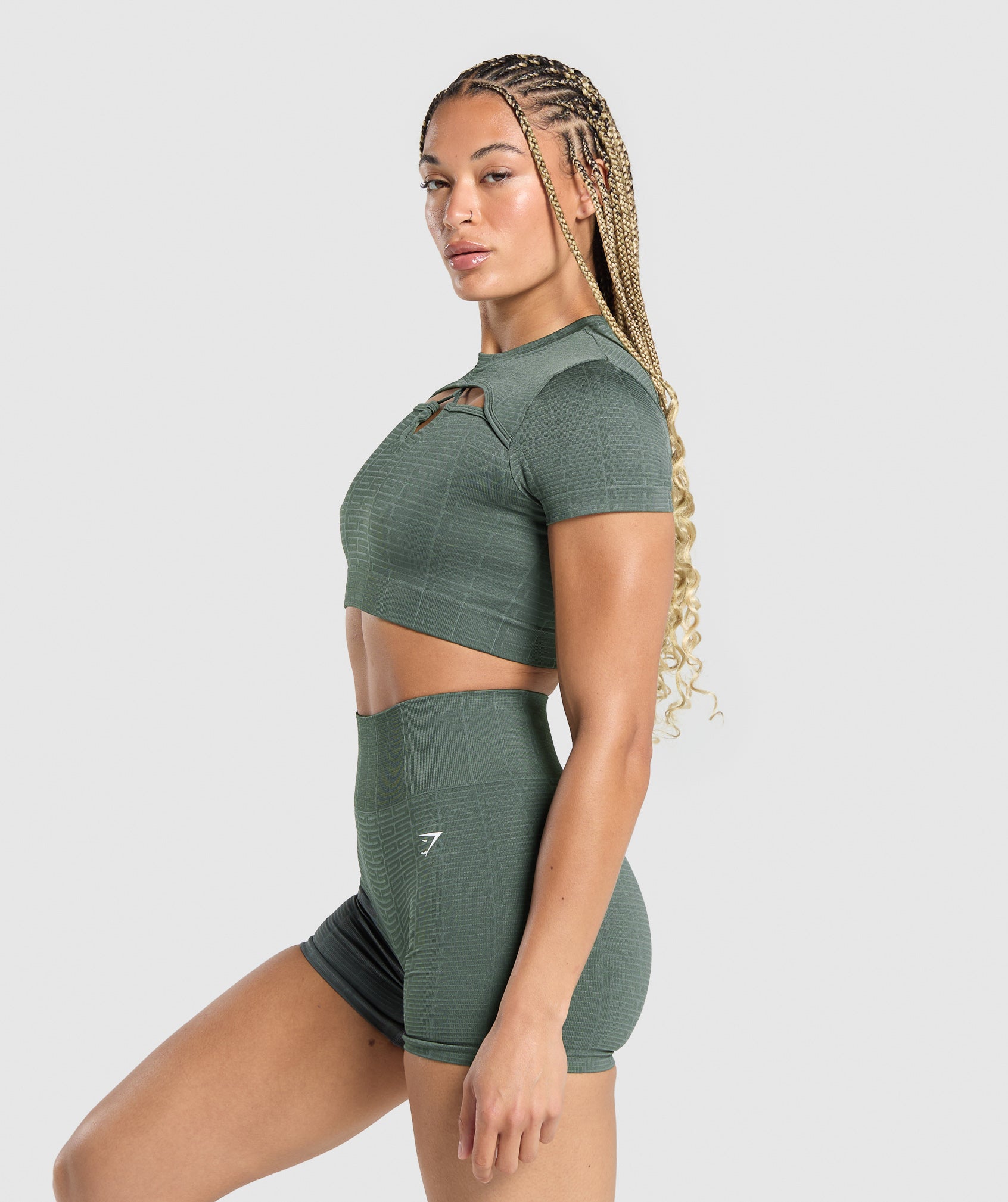 Adapt Monogram Seamless Ruched Crop Top Slate Teal/Cargo Teal
