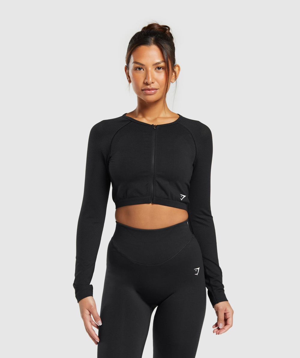 Sweat Seamless Long Sleeve Zip Crop Top Black