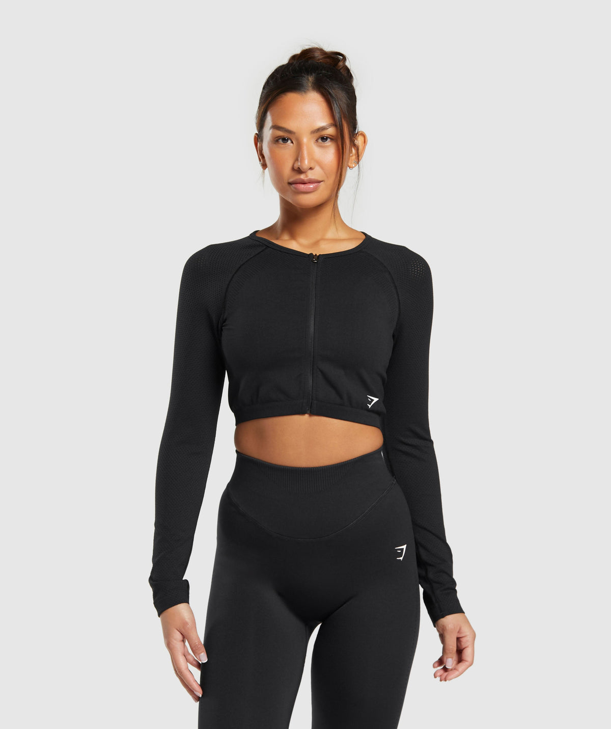 Sweat Seamless Long Sleeve Zip Crop Top Black