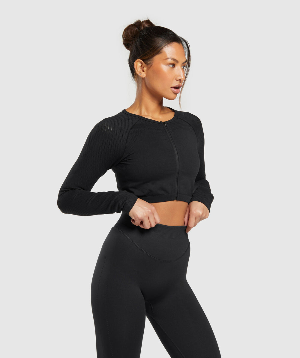 Sweat Seamless Long Sleeve Zip Crop Top Black