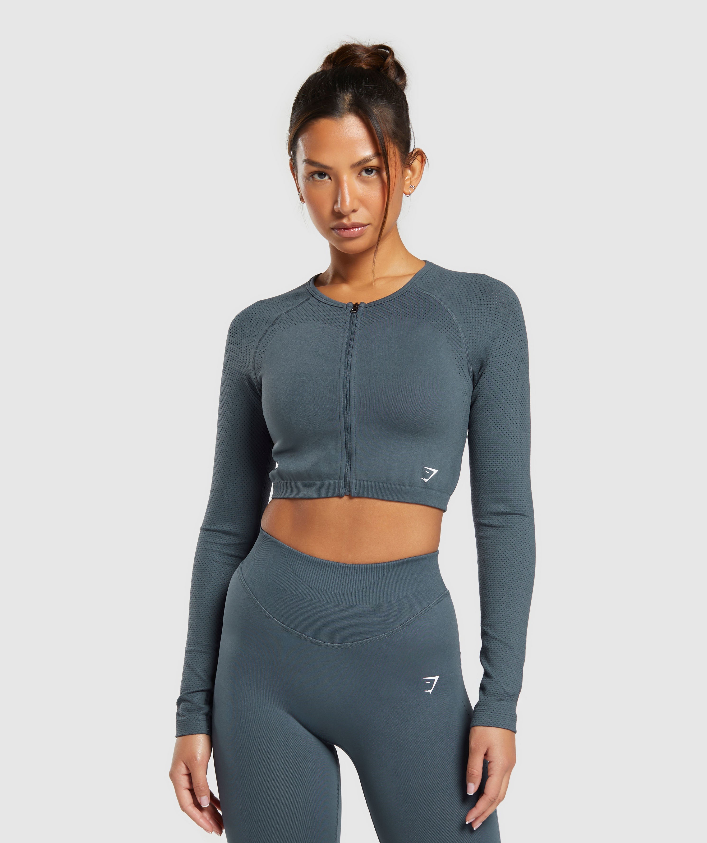 Sweat Seamless Long Sleeve Zip Crop Top Titanium Blue