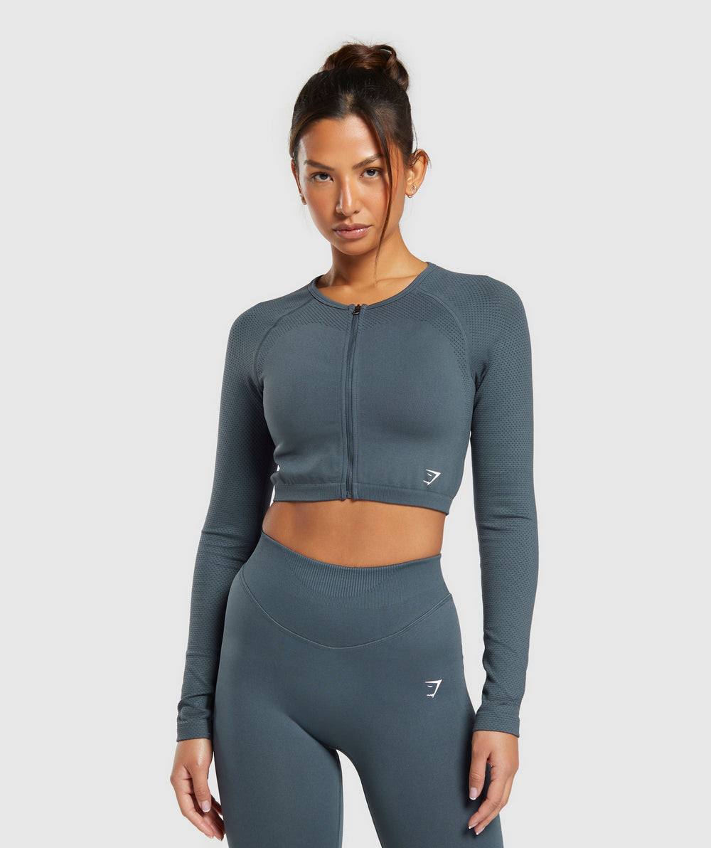 Sweat Seamless Long Sleeve Zip Crop Top Titanium Blue