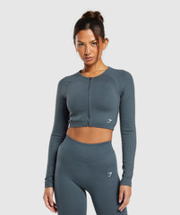 Sweat Seamless Long Sleeve Zip Crop Top Titanium Blue