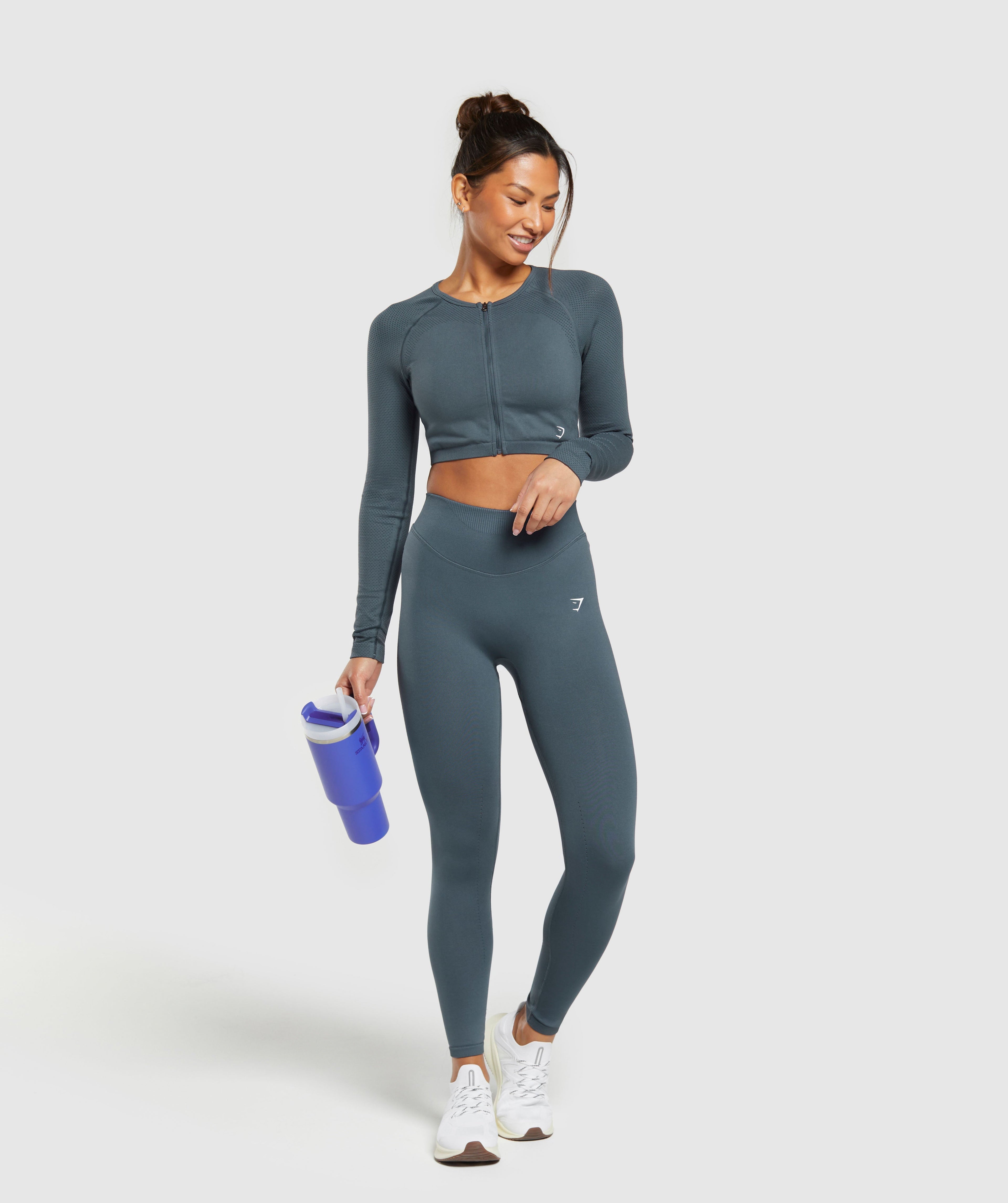 Sweat Seamless Long Sleeve Zip Crop Top Titanium Blue