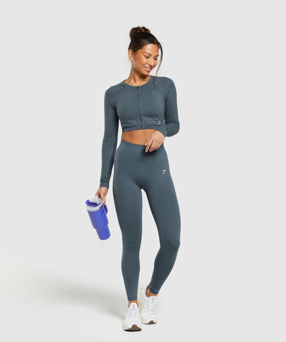 Sweat Seamless Long Sleeve Zip Crop Top Titanium Blue