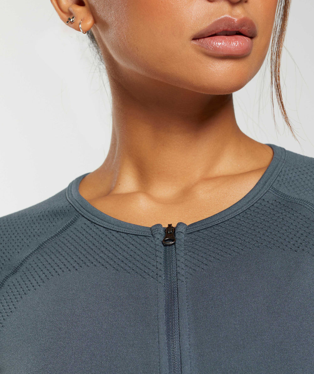 Sweat Seamless Long Sleeve Zip Crop Top Titanium Blue
