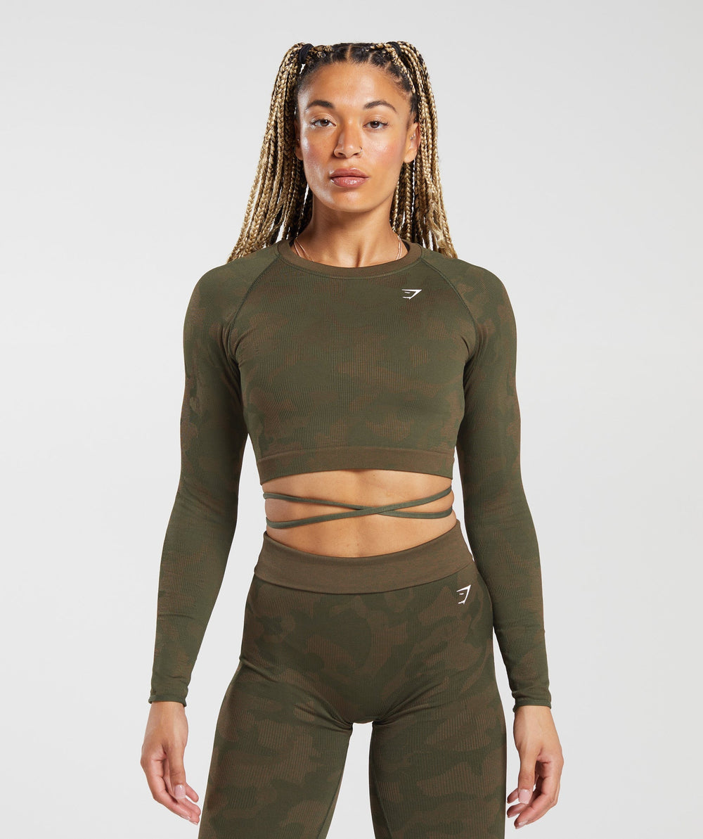 Adapt Camo Seamless Ribbed Long Sleeve Crop Top Winter Olive/Soul Brown