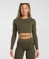 Adapt Camo Seamless Ribbed Long Sleeve Crop Top Winter Olive/Soul Brown
