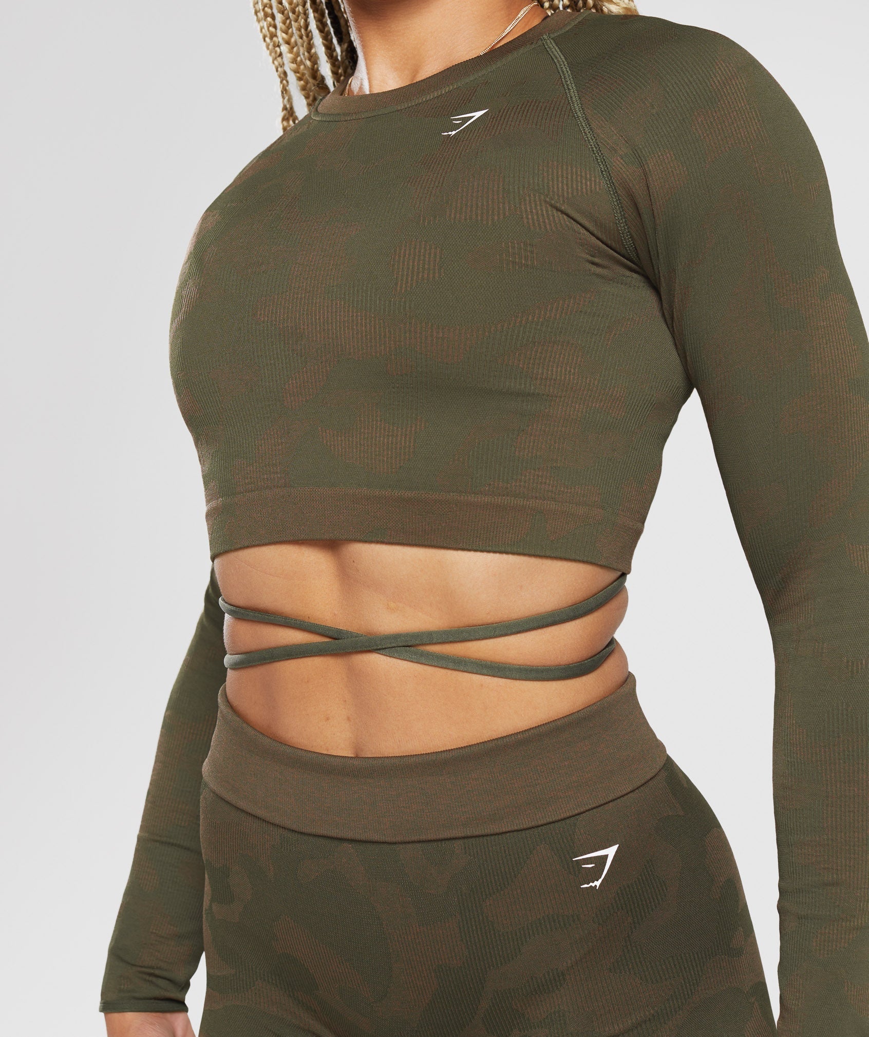 Adapt Camo Seamless Ribbed Long Sleeve Crop Top Winter Olive/Soul Brown