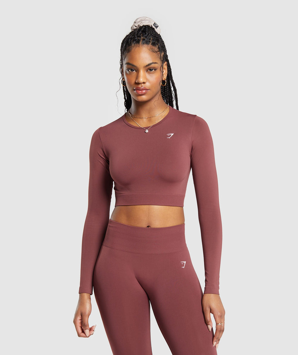 Everyday Seamless Long Sleeve Crop Top Burgundy Brown