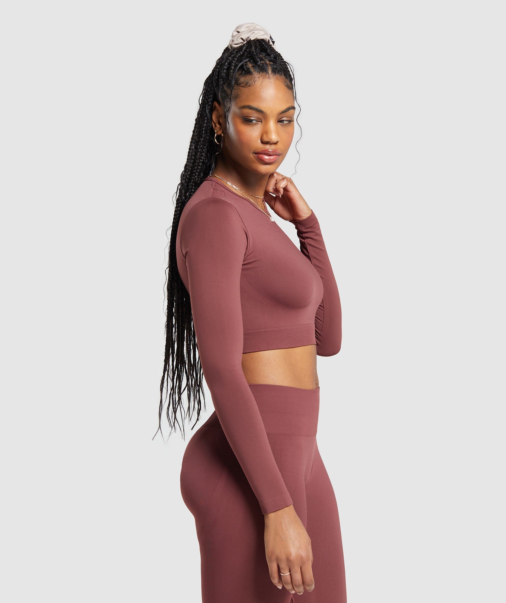 Everyday Seamless Long Sleeve Crop Top Burgundy Brown