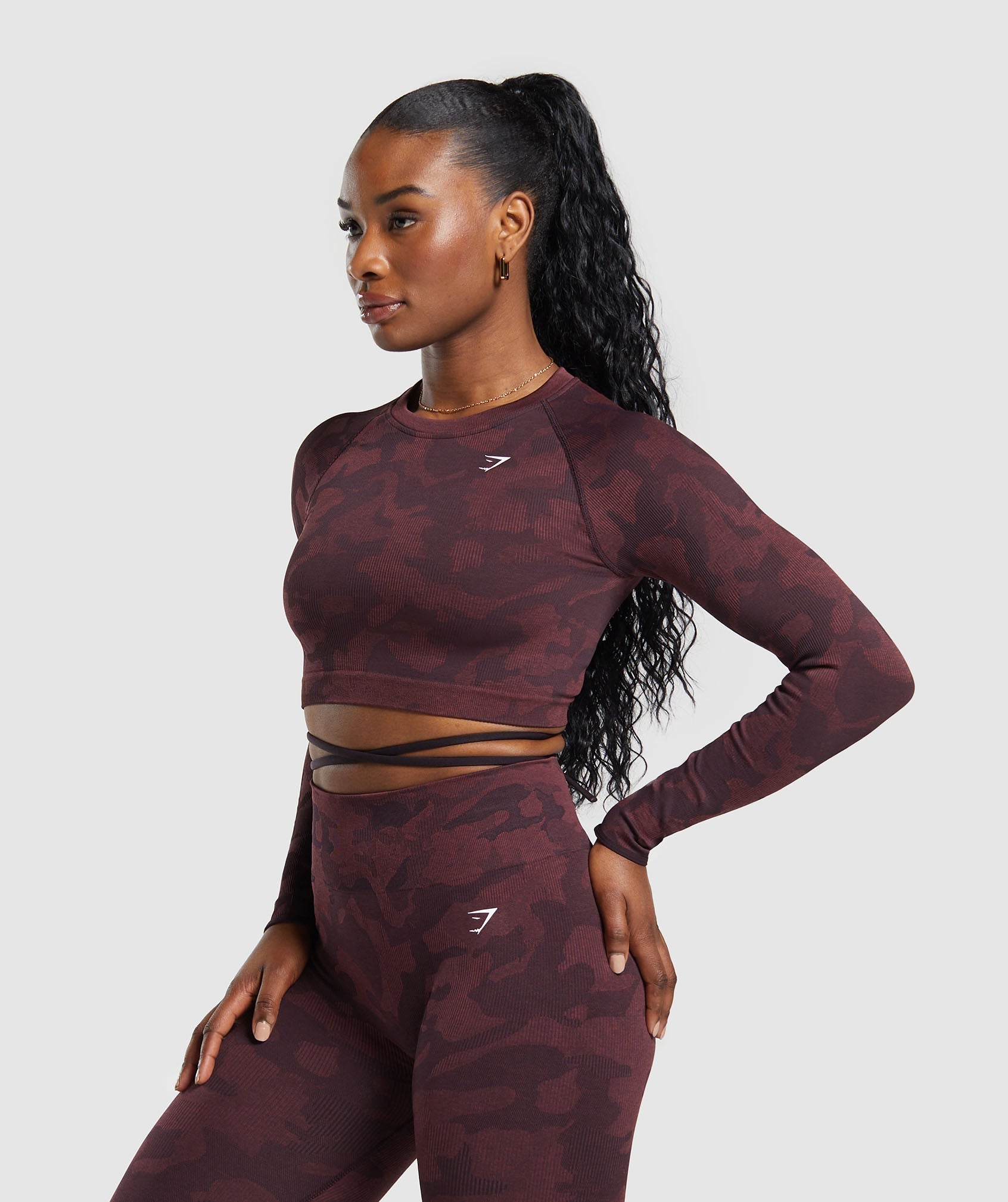 Adapt Camo Seamless Long Sleeve Crop Top Plum Brown/Burgundy Brown