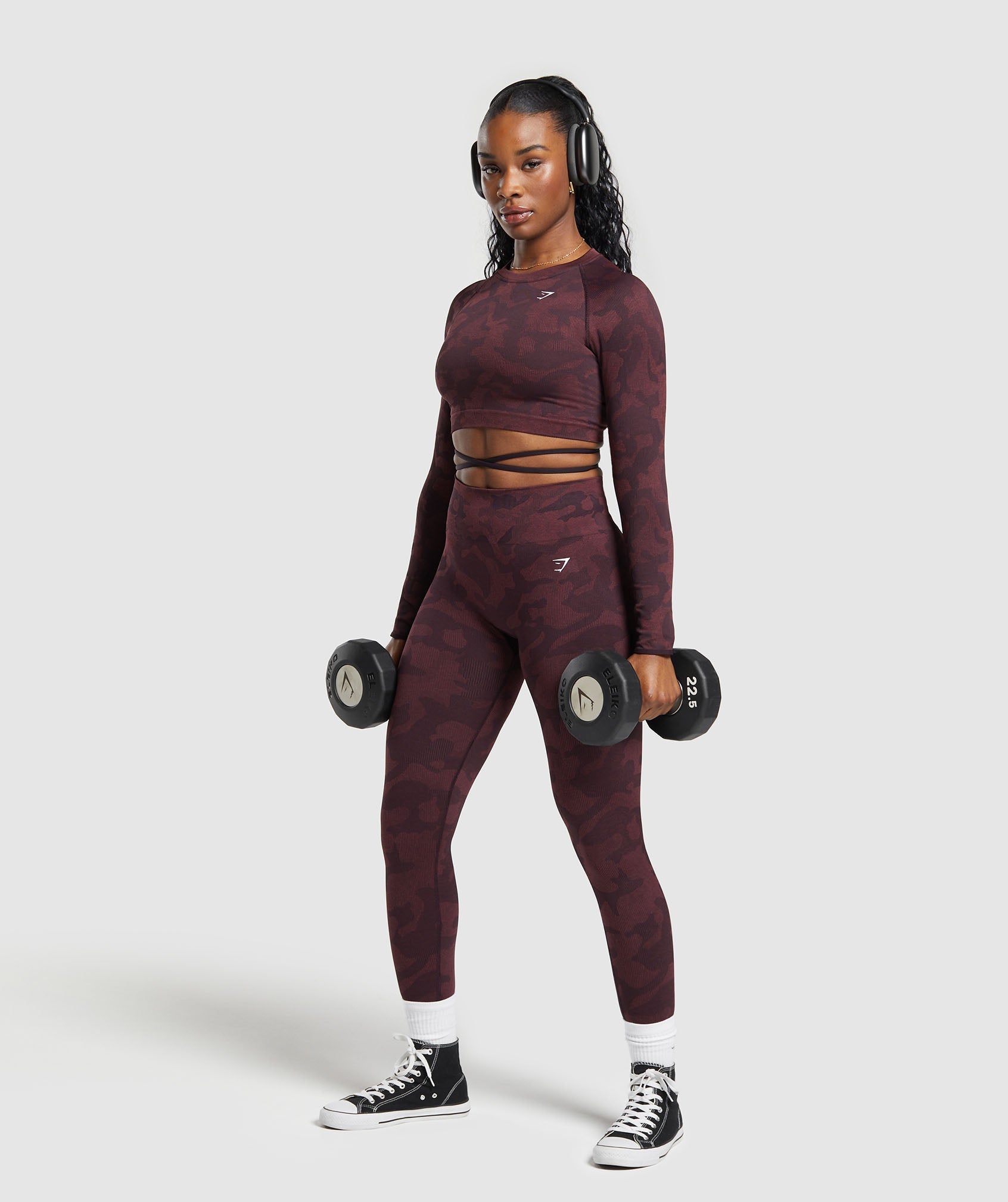 Adapt Camo Seamless Long Sleeve Crop Top Plum Brown/Burgundy Brown