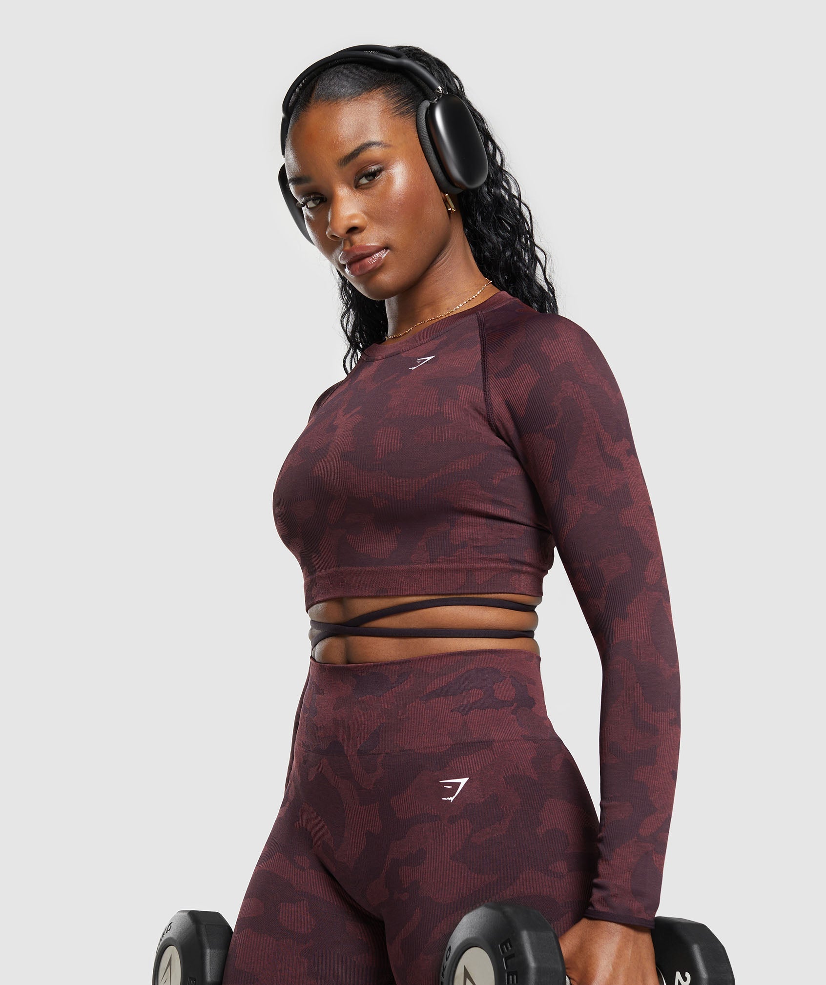 Adapt Camo Seamless Long Sleeve Crop Top Plum Brown/Burgundy Brown