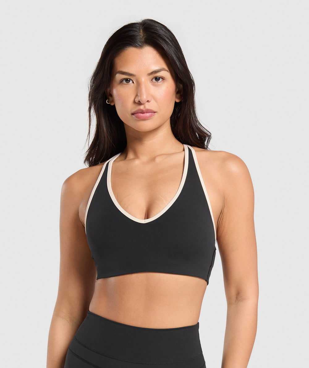 Contrast Trim Halter Neck Sports Bra Black/Oat White