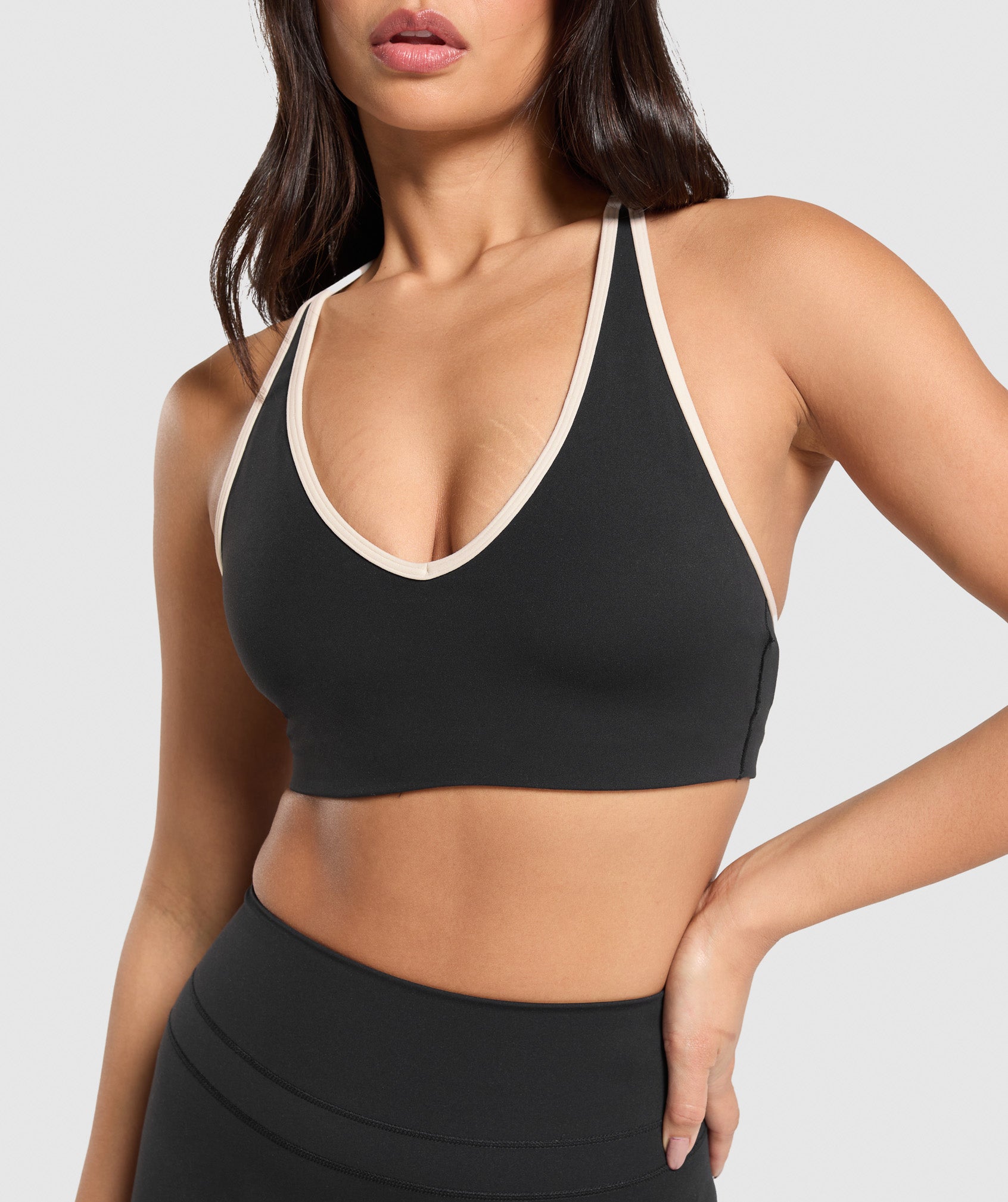 Contrast Trim Halter Neck Sports Bra Black/Oat White