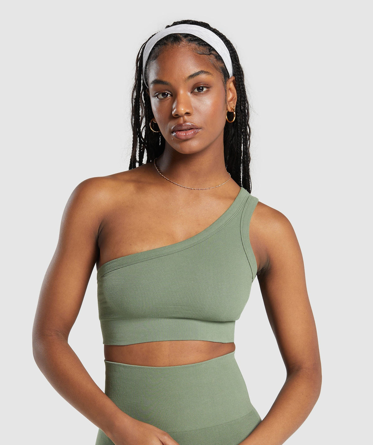 Ribbed Cotton Seamless One Shoulder  Bra Base Green