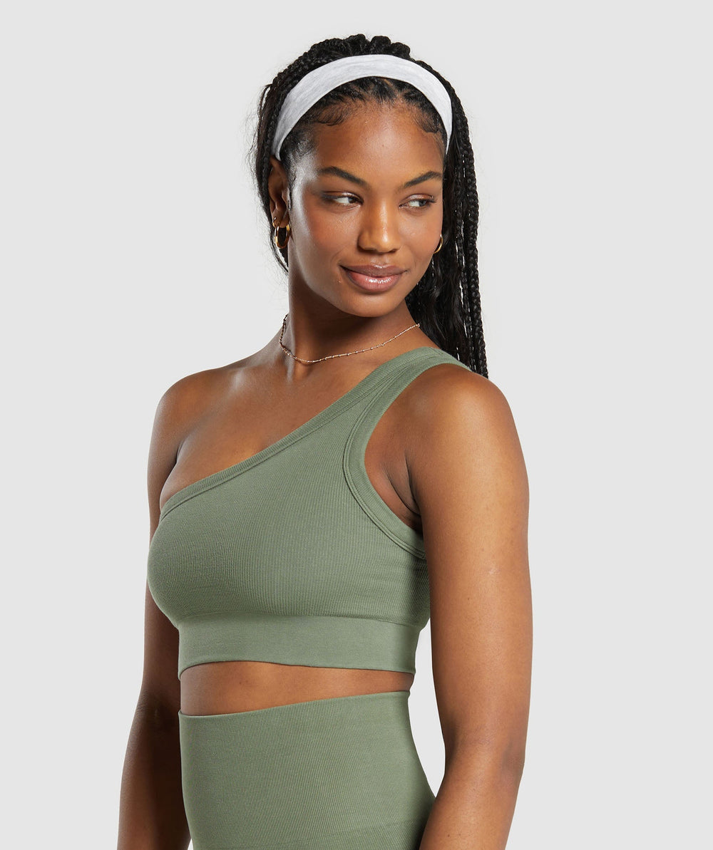 Ribbed Cotton Seamless One Shoulder  Bra Base Green