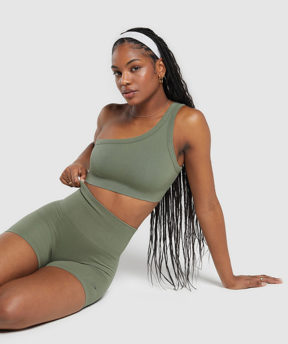 Ribbed Cotton Seamless One Shoulder  Bra Base Green