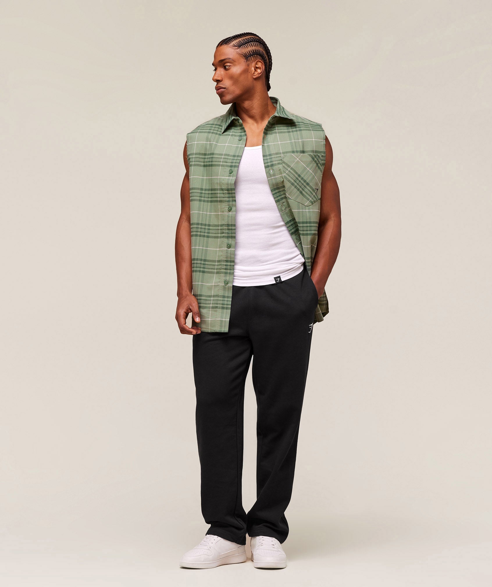 Check Sleeveless Shirt Natural Sage Green