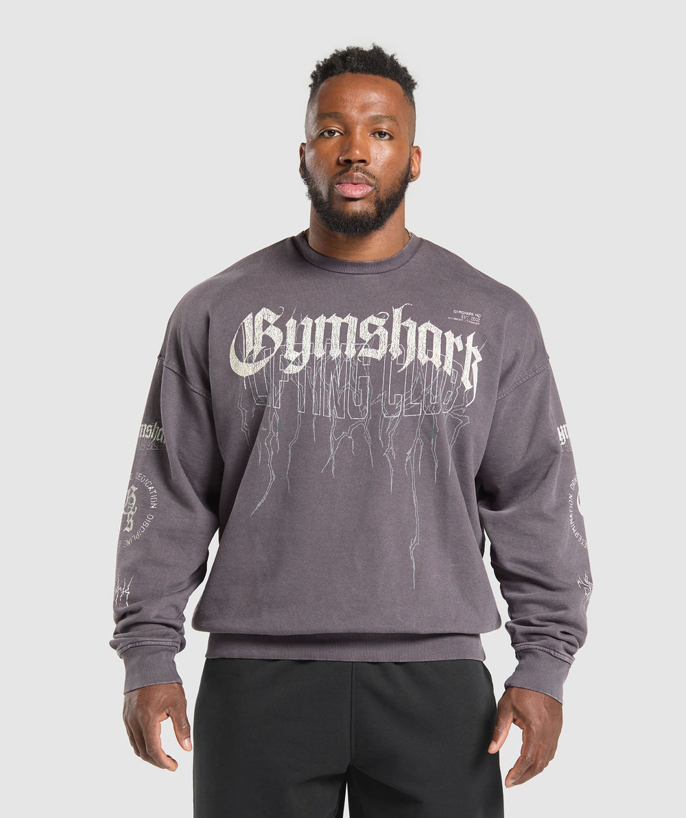 Distressed Graphic Crew Brushed Purple Acid Wash