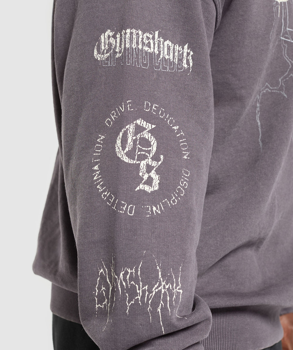 Distressed Graphic Crew Brushed Purple Acid Wash